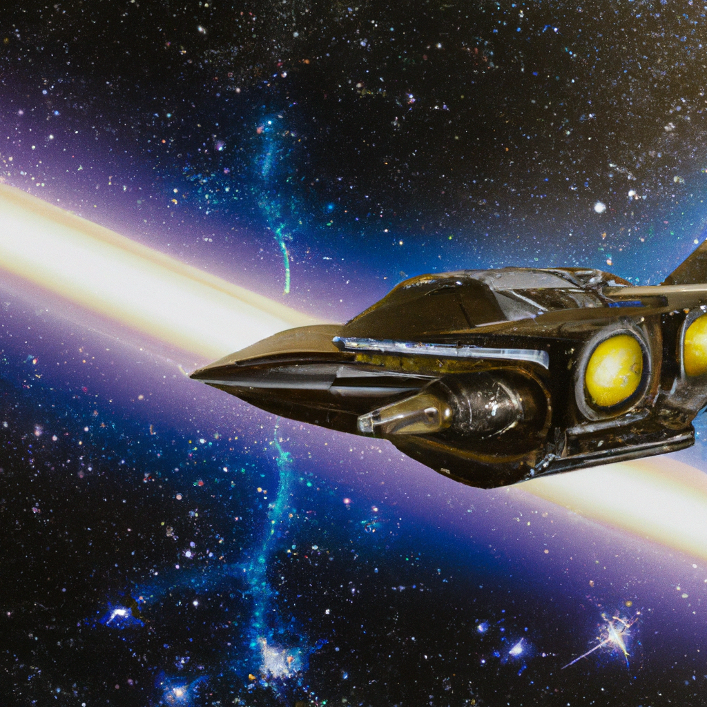 Create an image of a futuristic spaceship flying through space . The background could be filled with stars, planets, and other space elements to give a sense of adventure and excitement.